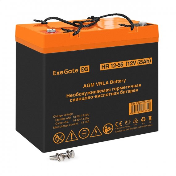 Фотография товара 'Exegate EX297557RUS Аккумуляторная батарея HR 12-55 (12V 55Ah, болт М6)'