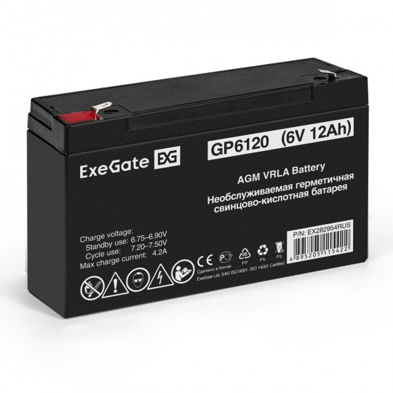 Фотография товара 'Exegate EX282954RUS Аккумуляторная батарея GP6120 (6V 12Ah, клеммы F1)'